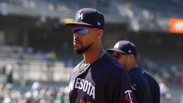 Jul 15, 2023; Oakland, California, USA; Minnesota Twins designated hitter Byron Buxton (25) before the game against the Oakland Athletics at Oakland-Alameda County Coliseum.